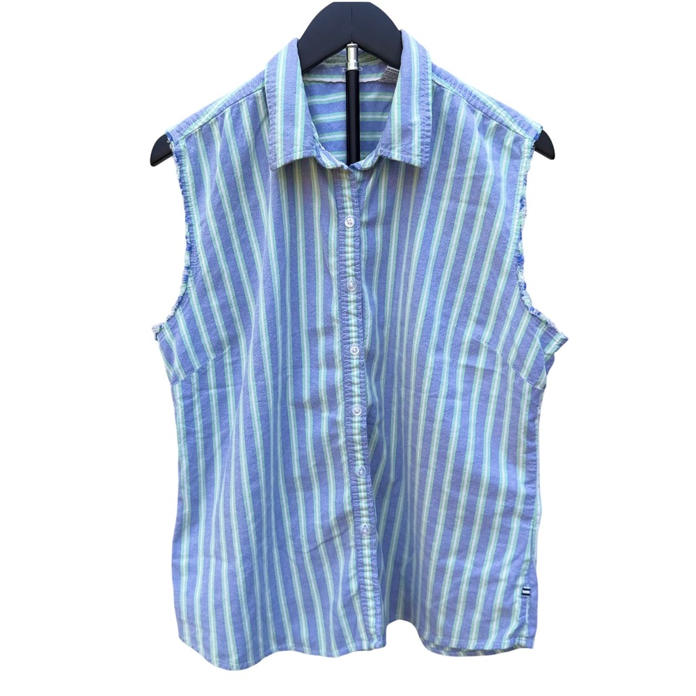 Reworked IZOD Frayed Sleeveless Button Down Shirt Striped Pastel Vest Size L